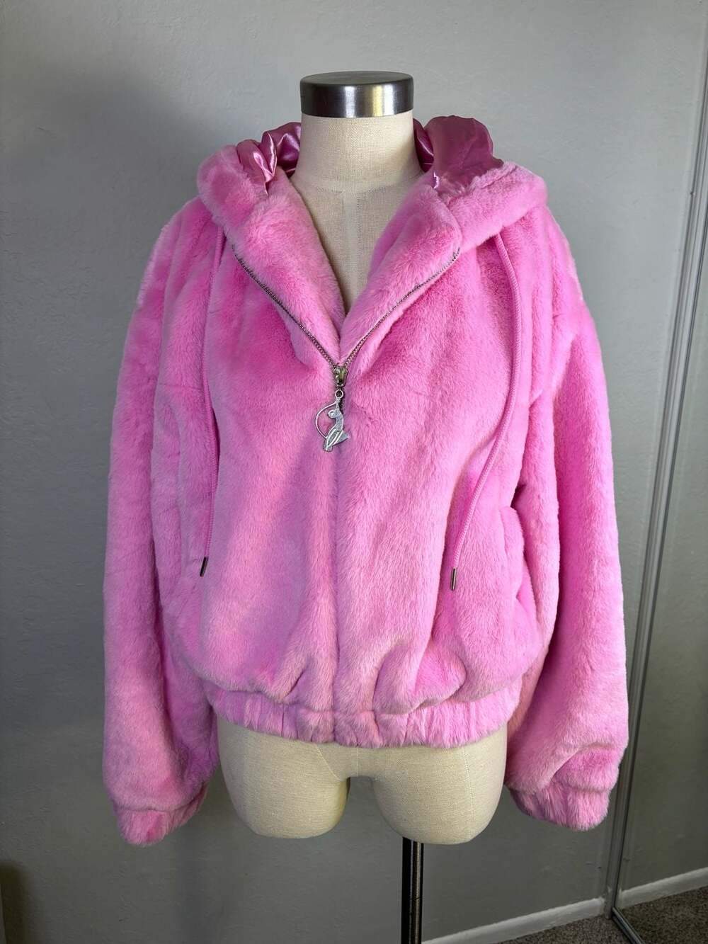 Baby Phat Pink Faux Fur Zip-Up Hoodie Jacket with Cat Zipper Pull